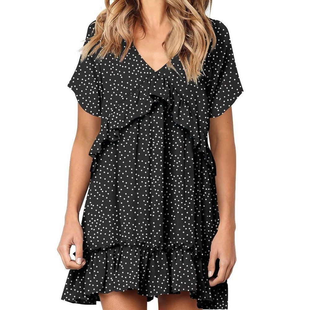 liher Women Summer Dress V Neck Short Sleeve Ruffle Casual Loose Swing Dresses
